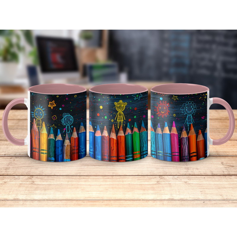 Kids Drawing Style 11oz Accent Mugs – Ceramic Coffee Cup with a Pink Handle and Interior