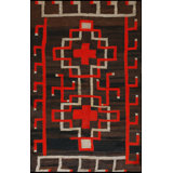 Bold Charcoal and Red Antique Flat Weave Tribal Geometric Native American Navajo Rug