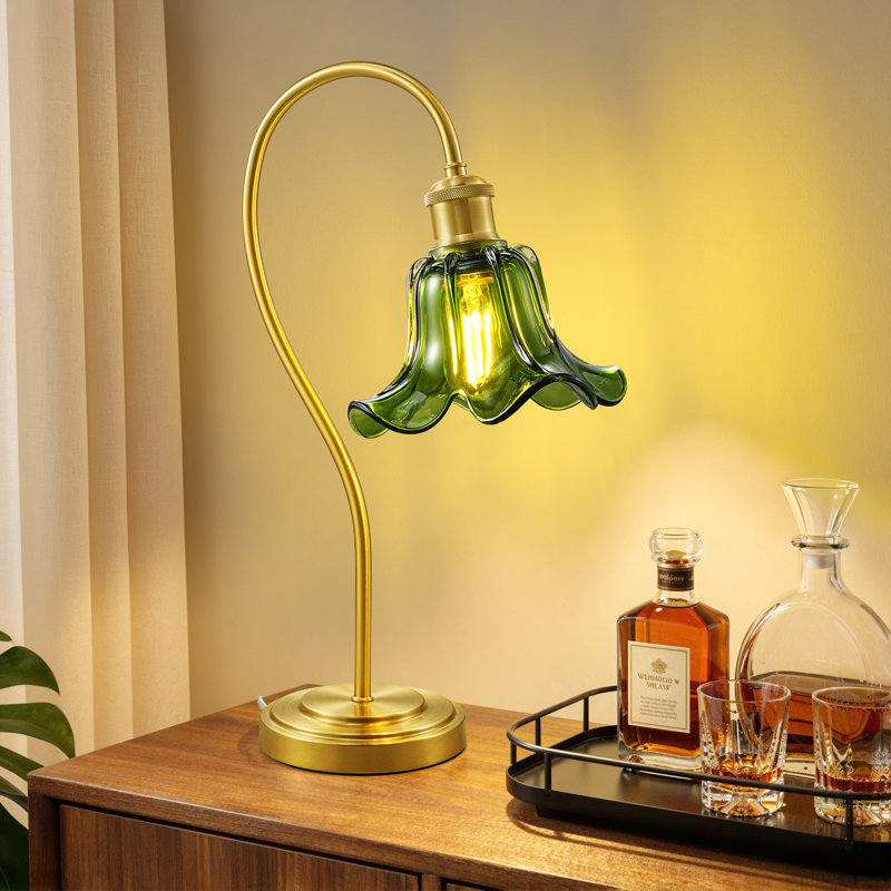 18" Flower Glass Table Lamp, Vintage Metal Night Lamp With Floral Shade