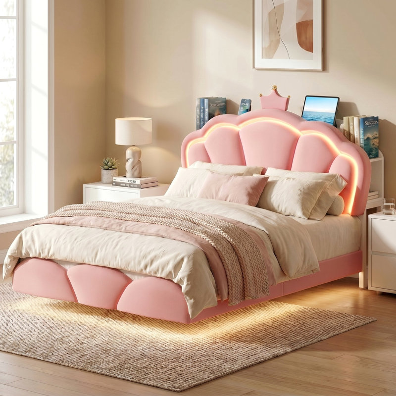Lit flottant en velours avec tête de lit flottante avec rangement pour tête de lit, lumière DEL et prise de charge intégrée