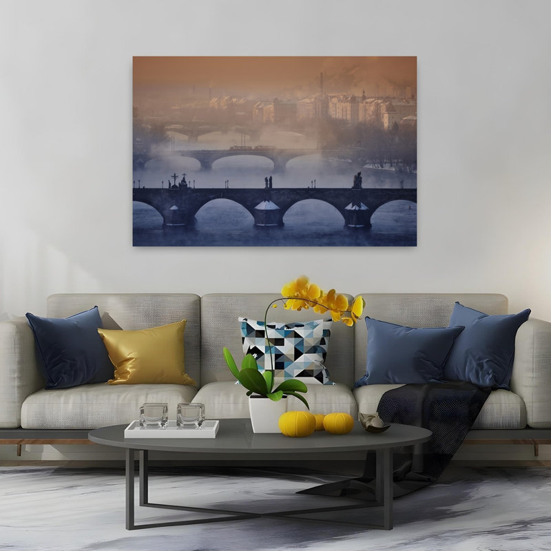 Misty Charles Bridge Dawn Dramatic Serene Abstract Architecture City Wall Art Print 1 Piece Wrapped Canvas Wall Art