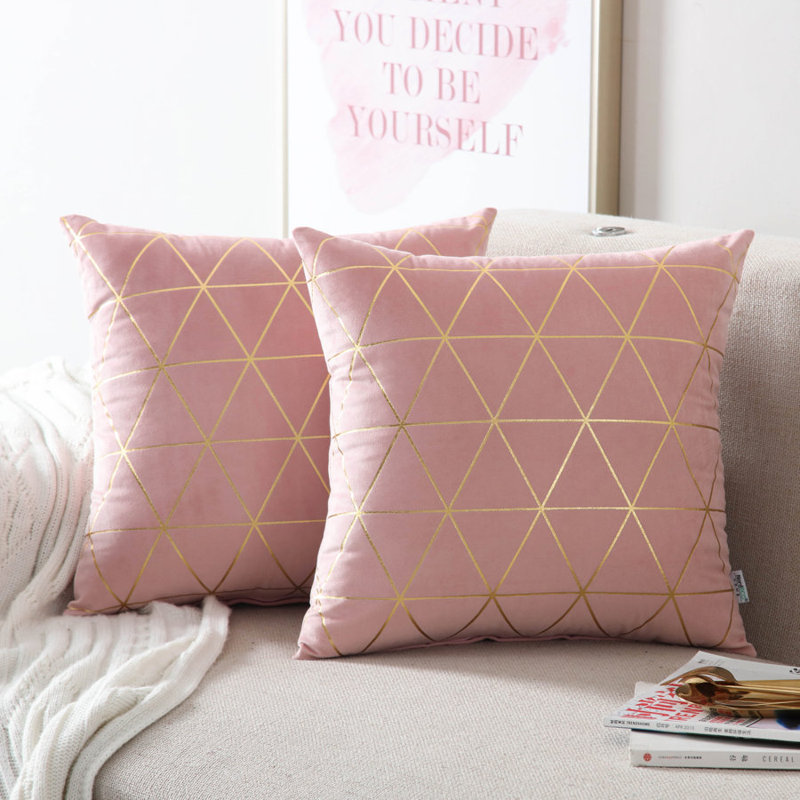Soft Geometric Gold Printed Square Throw Pillow Cover, Pink Geometric, 24"H x 24"W