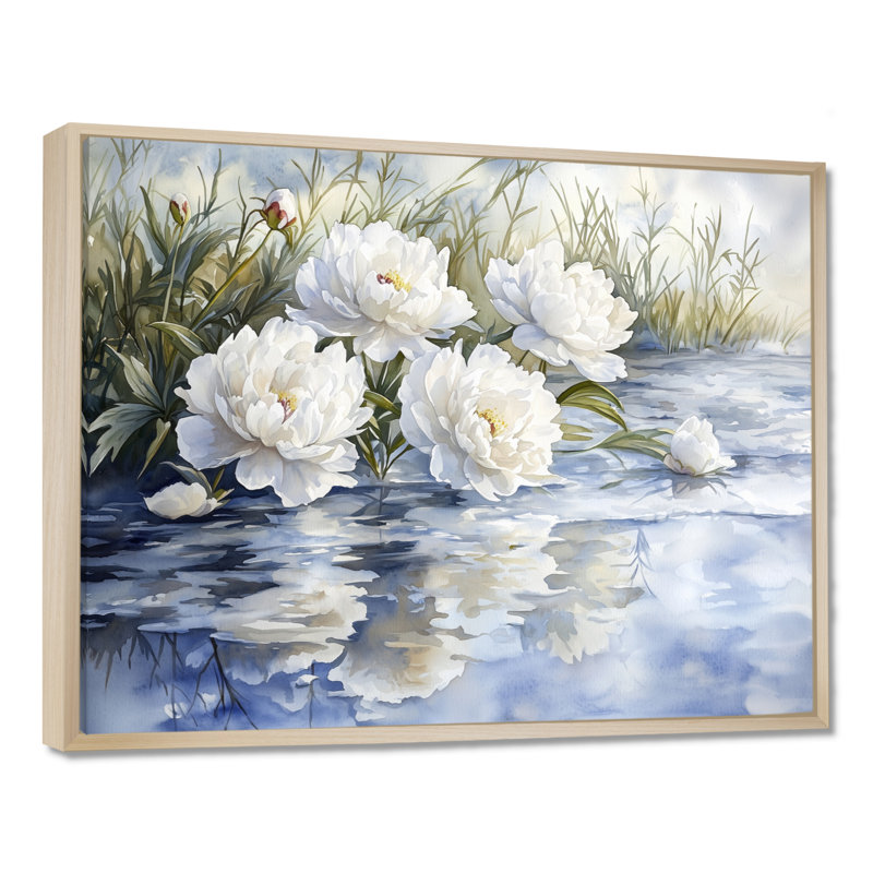Olinger, pivoines blanches par l'étang gelé I - pivoines, art mural sur toile, H 16 po x l 32 po, Floater Framed, Natural