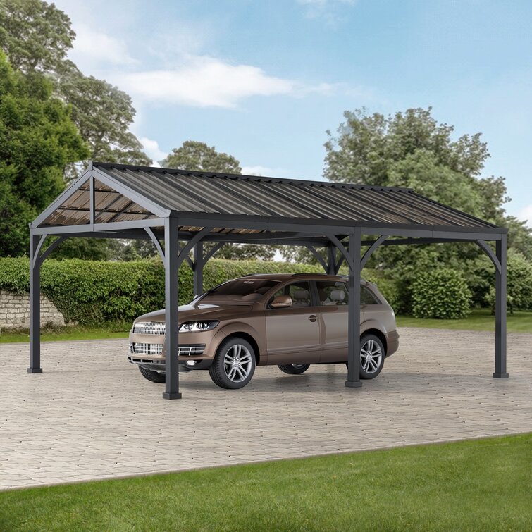 Sunjoy AutoCove 14x20 Metal Carport, Outdoor Living Pavilion, Gazebo with 2  Ceiling Hooks