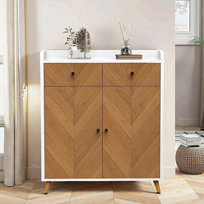 4-tier Shoe Rack Organizer With 2 Doors & 2 Drawers, Herringbone Wooden Freestanding Shoe Cabinet With Adjustable Shelves For Entryway, White And Natural Finish