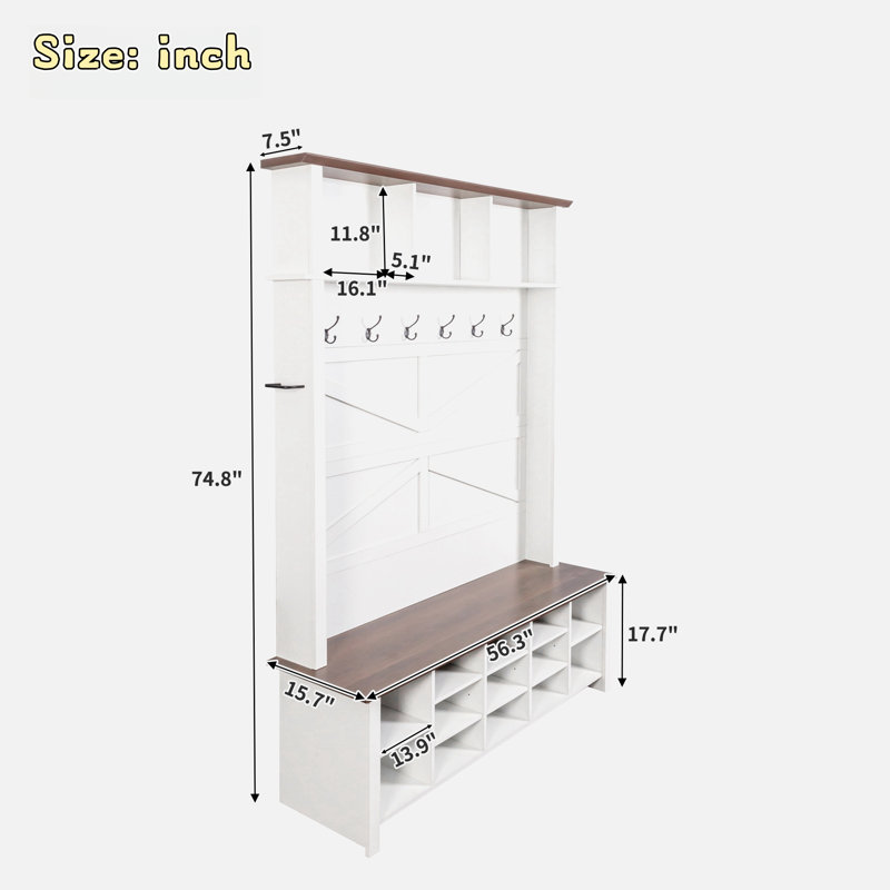 Farmhouse 4-in-1 Hall Tree With 6 Hooks, Entryway Bench With Adjustable Shelves, 16 Open Compartments And A Side Umbrella Rack
