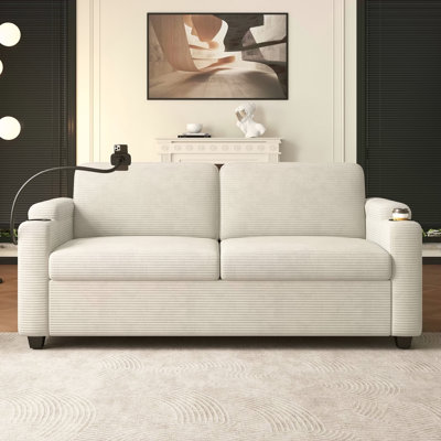 72.8" Corduroy Sleeper Sofa Loveseat Sofa With Full Size Mattress, Two USB Ports, Two Cup Holders, Two Side Pockets And A Phone Holder For Living Room