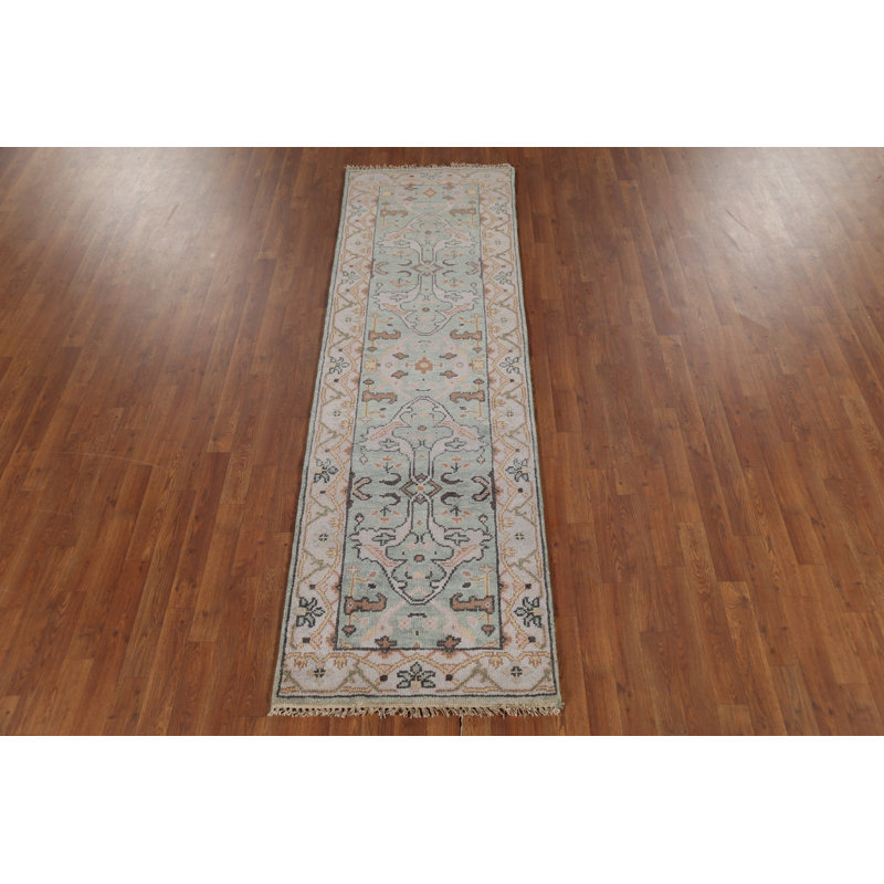 Tapis de couloir oriental fait à la main vert Oushak 3 x 8