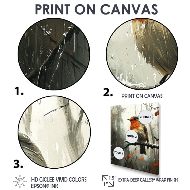 «Lachance Robin Bird In The Forest Rain I», reproduction d'art sur toile encadrée, H 60 po x l 28 po, Doré