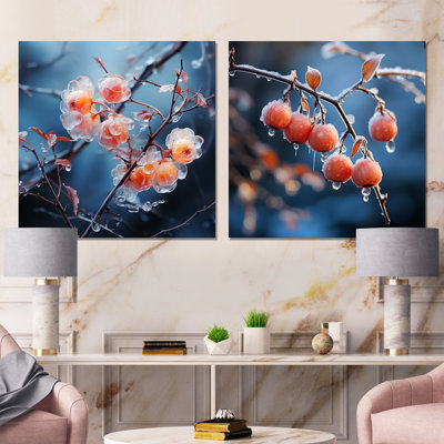 «Pink Frost Winter Blueberry Elegance I», ensemble de 2 reproductions d'art murales carrées en métal