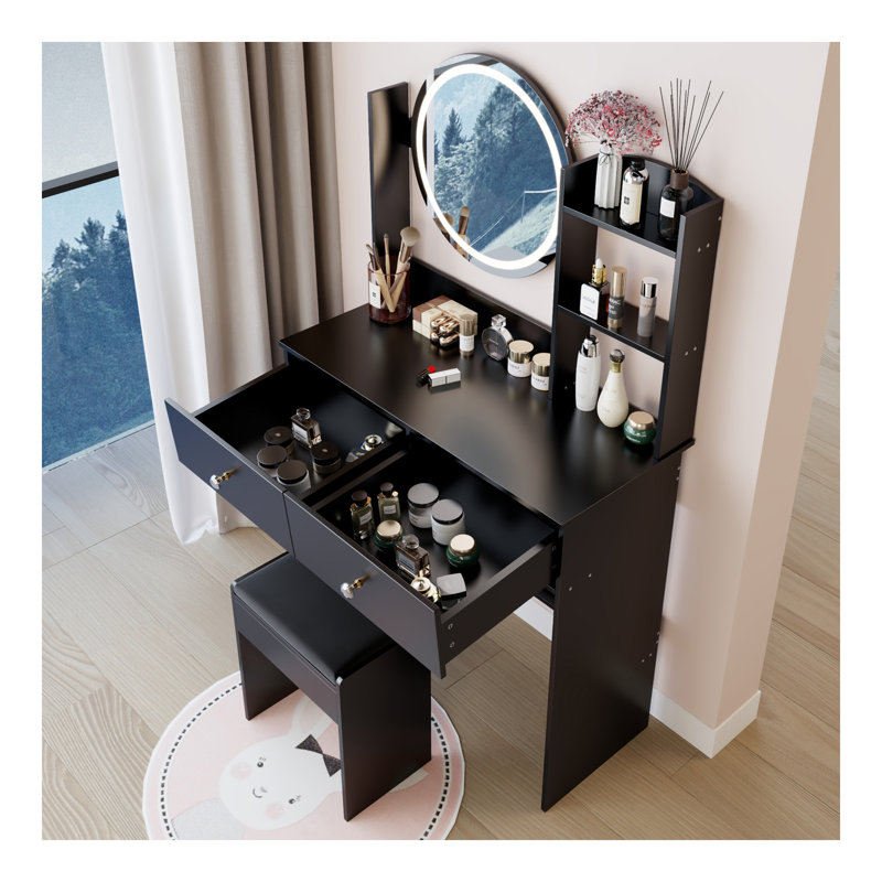 17" Round LED Mirror Vanity Table + Soft Cushion Stool Set, Large Mirror, Touch Switch, 3 Colors, Adjustable Brightness, Large Desktop, Multi-Layer High Capacity Storage, Suitable For Small Space
