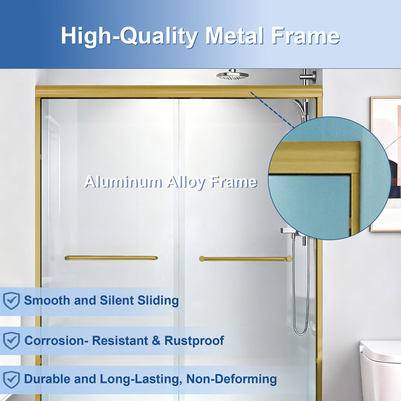 56-60 In. W X 72 In. H Semi-Frameless Sliding Shower Door In Brushed Gold With 1/4 In. Thick Tempered Glass, Brushed Gold