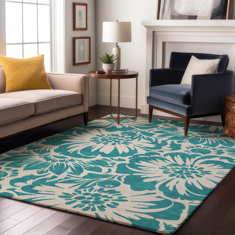 Tapis bleu sarcelle lavable à la machine de qualité supérieure 5 pi x 7 pi 6 po Cerrito AMF551, Rectangulaire 3 pi x 5 pi