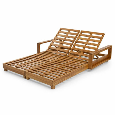 2-Person Solid Acacia Wood Outdoor Chaise Lounge with 4-Position Independent Adjustable Backrests, 800 LBS Weight Capacity, Slatted Wooden Sunbed Recliner