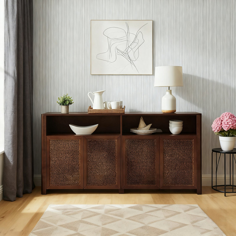 Mid Century Modern Rattan Sideboard Buffet Cabinet With Spacious Storage For Living Room, Entryway, And Kitchen Decor.