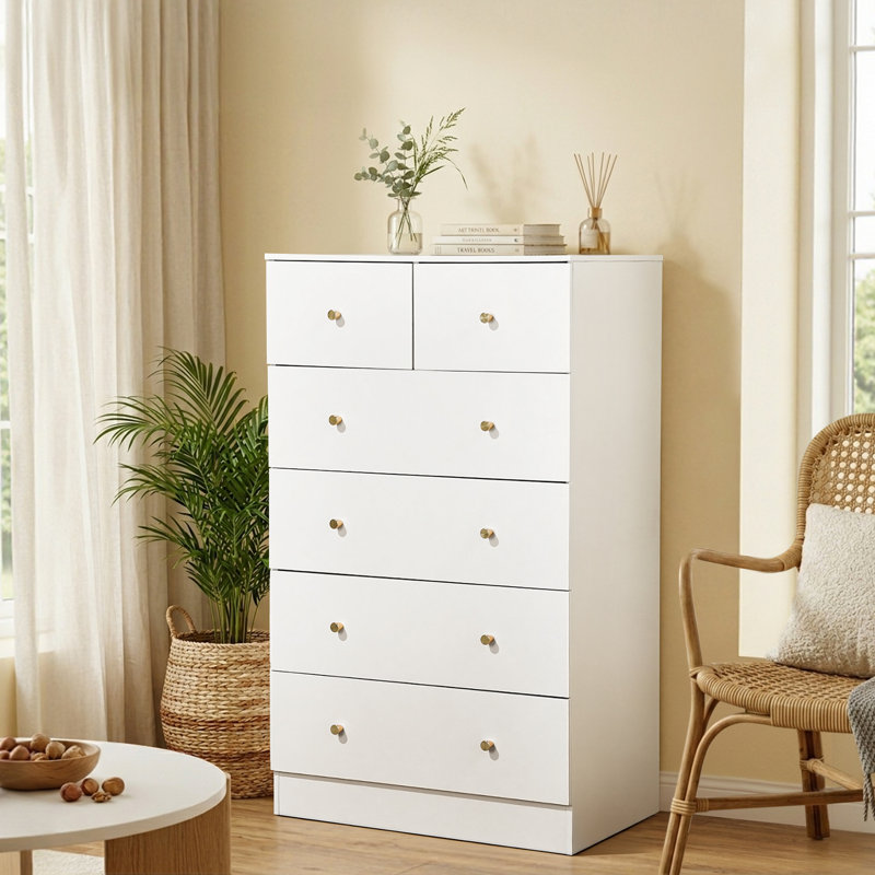 Armoire de rangement à 6 tiroirs en bois robuste, Blanc