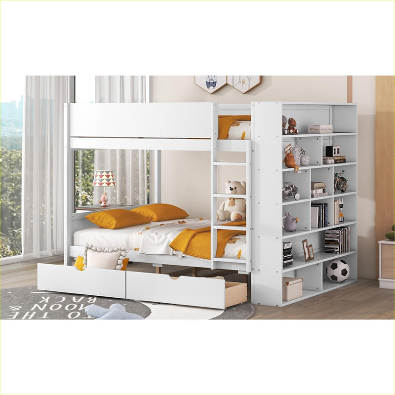 Lit plateforme superposé double au-dessus de double, fabrication en bois massif avec rangement, blanc classique avec tiroirs et armoire intégrés