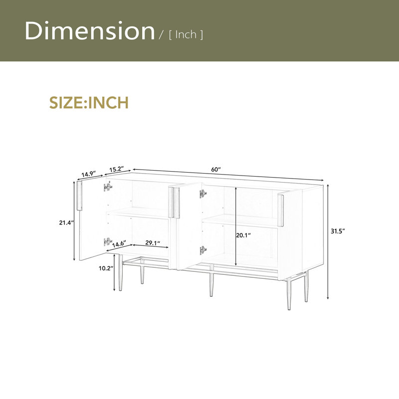 Buffet moderne moderne à 4 portes avec poignée en métal doré pour salle à manger, Noir