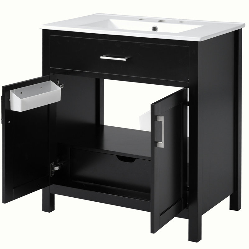 Meuble-lavabo de salle de bain avec lavabo en céramique et beaucoup de rangement, Noir, noir, noir, noir