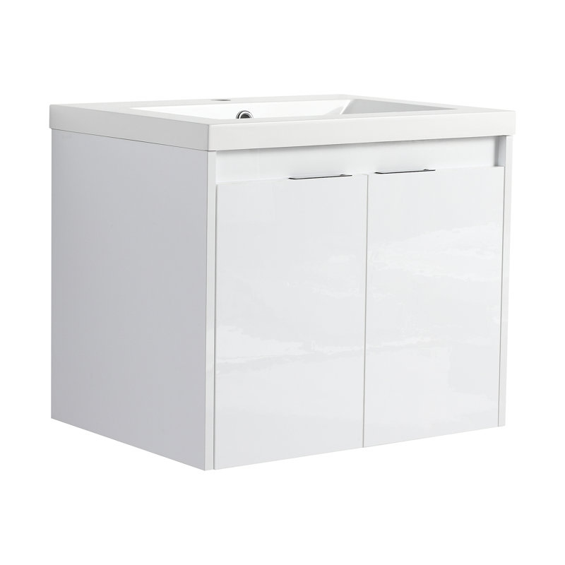 Meuble-lavabo de 36 po avec lavabo en résine, 2 portes à fermeture douce et 1 armoire latérale, conception à fixation flottante, blanc brillant, contreplaqué