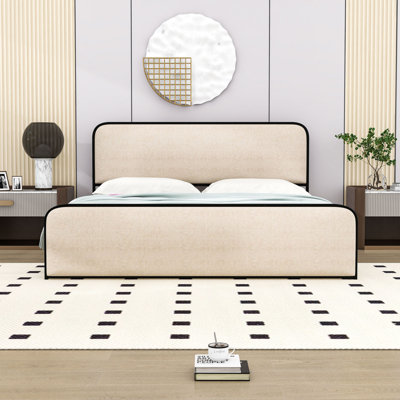 Metal Platform Bed with 4 Drawers and Upholstered Headboard