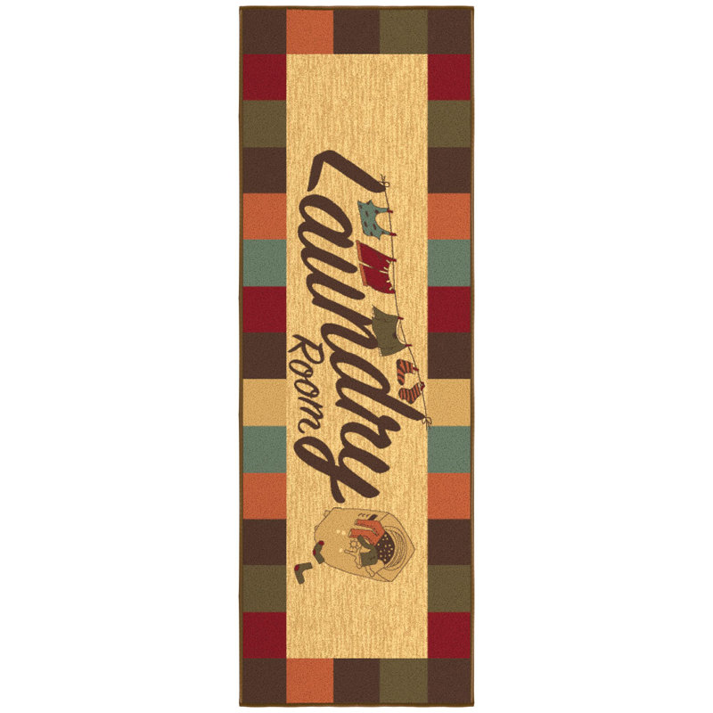 Non-Slip Rubberback Checkered Border Laundry Room Rug, Entryway Rug, Runner 1'8"x 4'11"