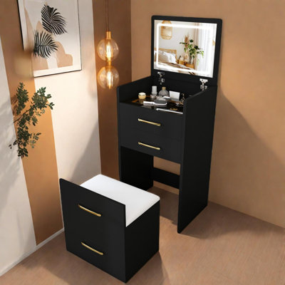 Ensemble de coiffeuse 3 en 1 avec miroir rabattable, plateau en verre, 3 tiroirs et tabouret de rangement rembourré