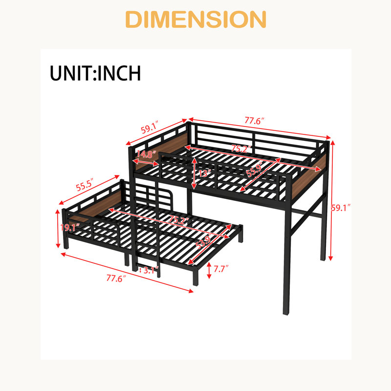 Metal Bunk Bed/Metal Loft Bed,Separable Bunk Beds,With Raised Security Fence, Full over Full, Walnut