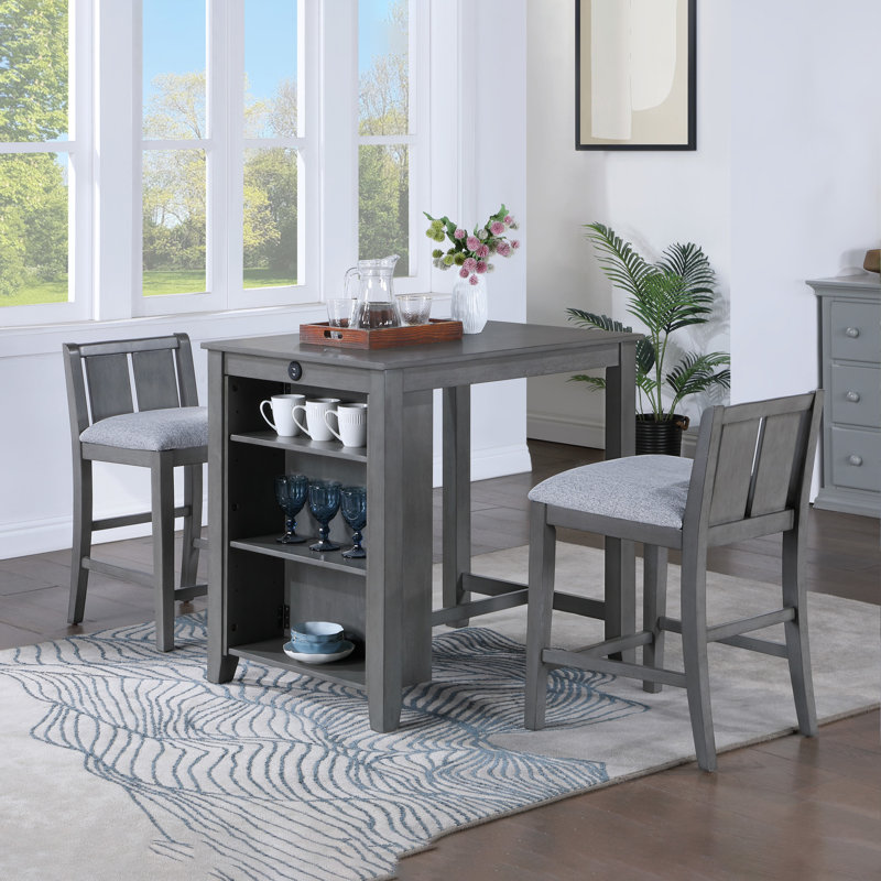 Table de salle à manger à hauteur de comptoir 3 pièces avec tablettes et 2 chaises, Gris, Gris pâle / gris