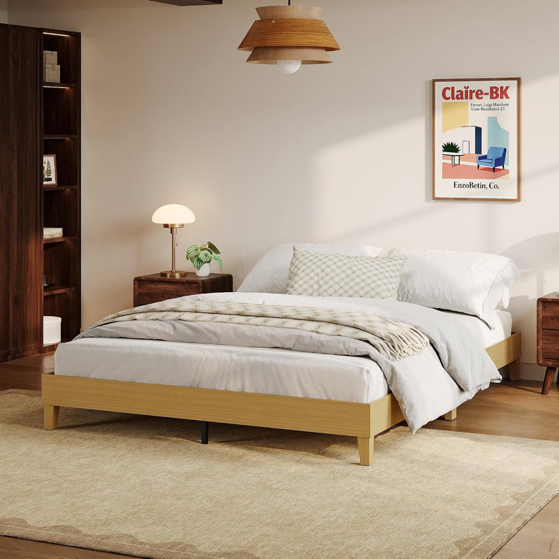 Cadre de lit double, lit plateforme robuste en bois de 23 cm, naturel