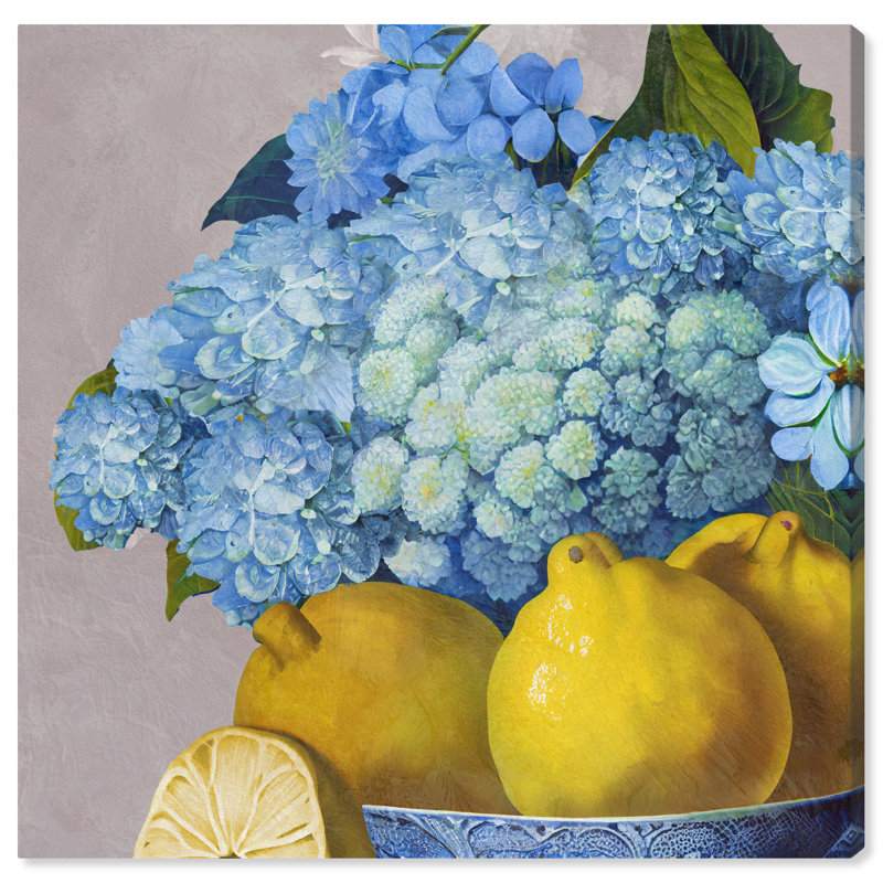 Hortensias et jour des citrons - Peinture, Toile tendue, H 20 po x l 20 po
