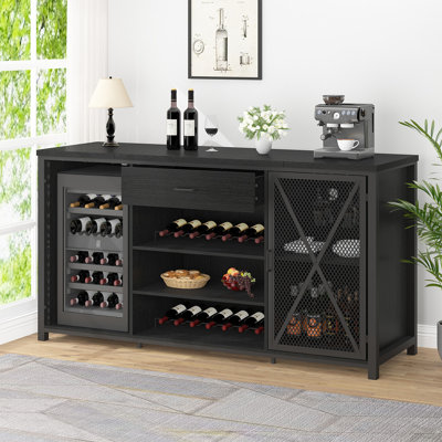 Armoire de bar 70 pouces avec espace réfrigérateur et porte-bouteilles long avec tiroir, armoire à vin en métal rustique avec buffet pour salle à manger