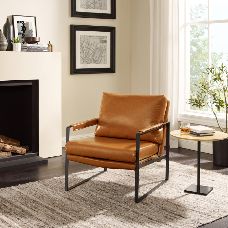 Mirsade 27.09'' W Leather Upholstered Accent Armchair with Removable Backrest, Orange Brown Faux Leather