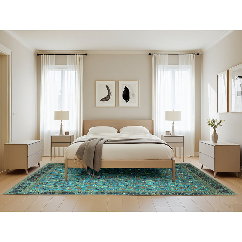 Tapis bleu sarcelle tissé à la machine, Rectangle 5 pi x 8 pi