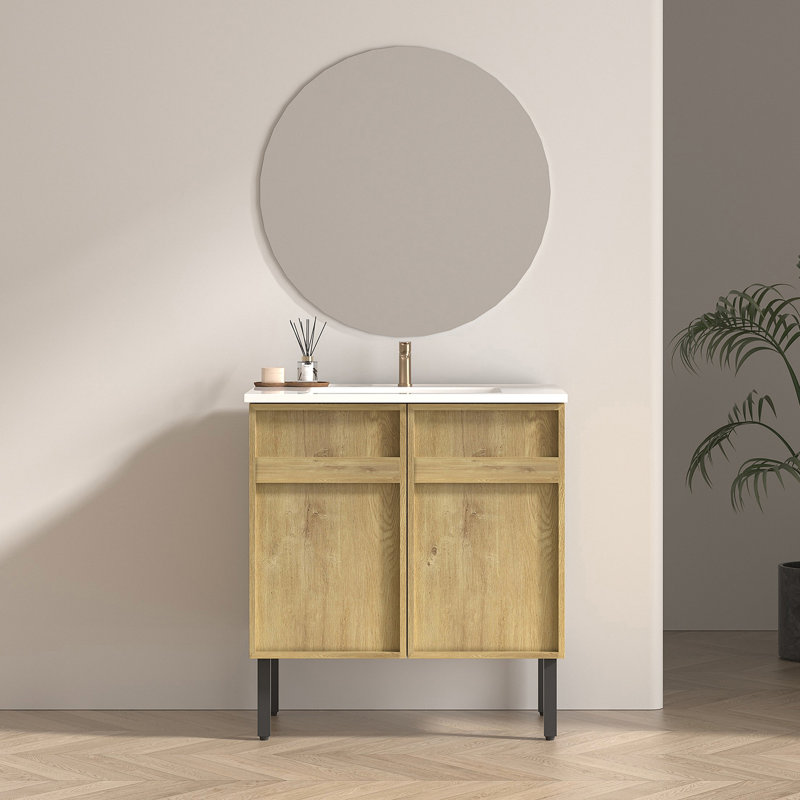 meuble-lavabo sur pied avec panneau rainuré 3D et lavabo en céramique intégré, Oak