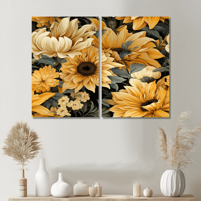 Motif de tournesol jaune rustique - 2 impressions sur toile jaune, H 36 po x l 48 po, Toile tendue sur cadre