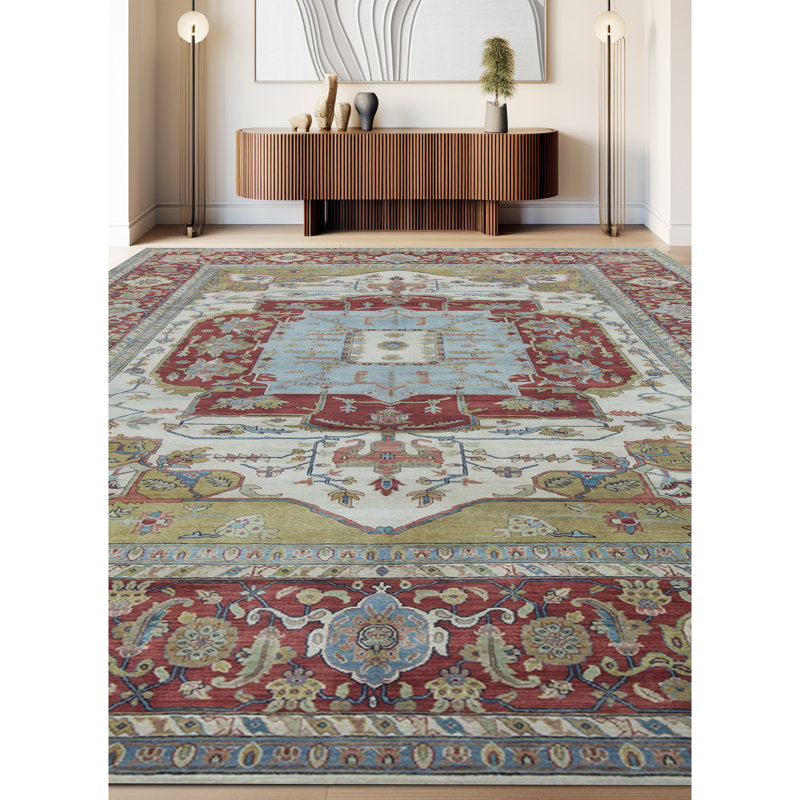 Wool Oriental Area Rug in Ivory/Rust/Light Blue