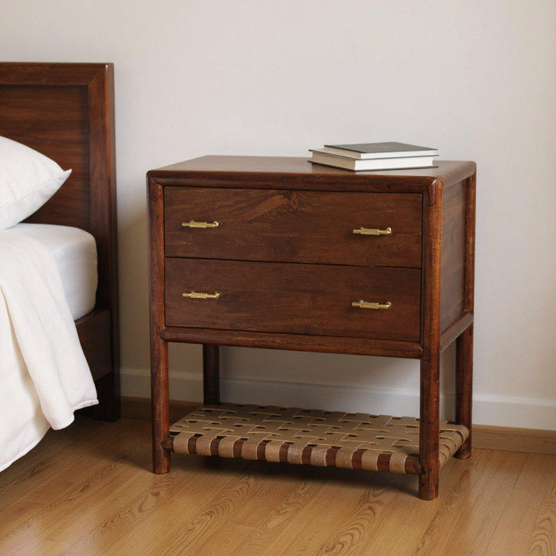 Table de chevet 32 po à deux tiroirs en bois massif brun avec tablette en cuir