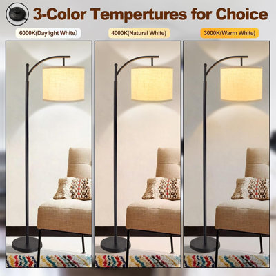 DLLT Modern Arc Floor Lamp, Farmhouse Style Standing Lamp With Flaxen Shade, Industrial Tall Reading Light For Bedroom Living Room Office Study, 3 Color Temperatures, Black Metal Base, 8W LED Bulb Included