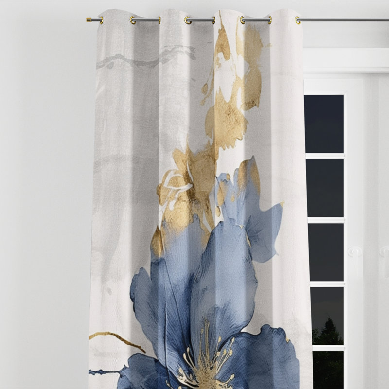 Dandor - bleu, blanc, hibiscus, fleurs tropicales Harmony I - rideau traditionnel en velours avec œillets - 1 panneau