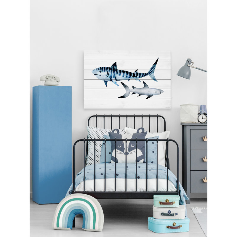 'Sharks Duo' Art Print on White Wood, 8" H x 12" W  x 1.5" D