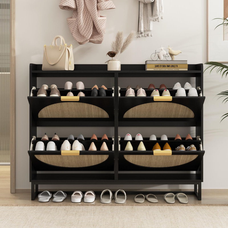Large Rattan Shoe Storage Cabinet With 4 Flip Drawers, Black