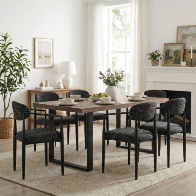 Ensemble de table de salle à manger 7 pièces en noyer moderne pour table rectangulaire en grain de bois de 6,71 po avec base en métal noir et fauteuils rembourrés