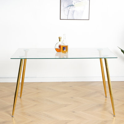 Table rectangulaire en verre pour salle à manger, 51 po, plateau trempé de 0,3 po, pieds en métal doré, antidérapants, sièges 4-6 51 po avec plateau et base, style moderne