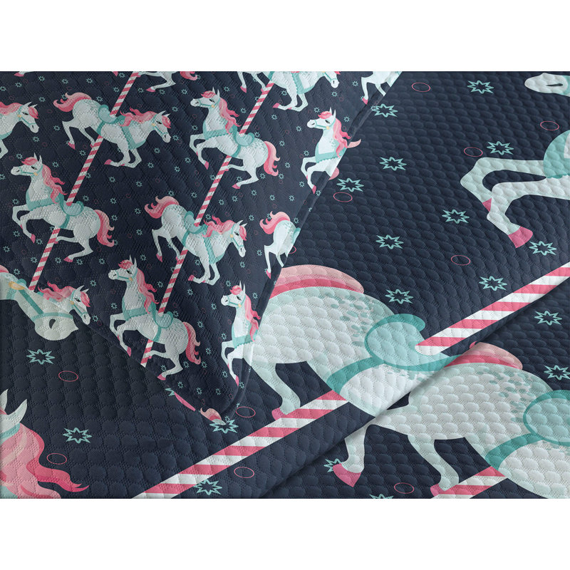 Queen Quilted Carousel Horse Bedspread Set in Pink and Blue