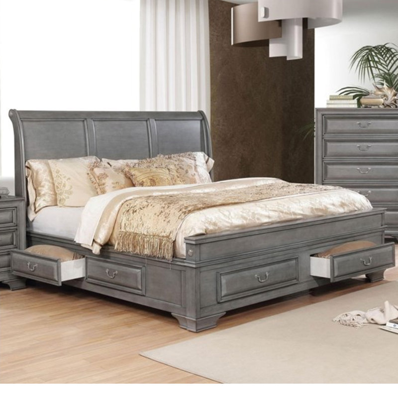 Ktina Solid Wood Platform Bed, Gray, Queen