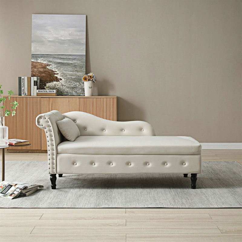 Chaise longue en velours à rangement multifonctionnel, Beige