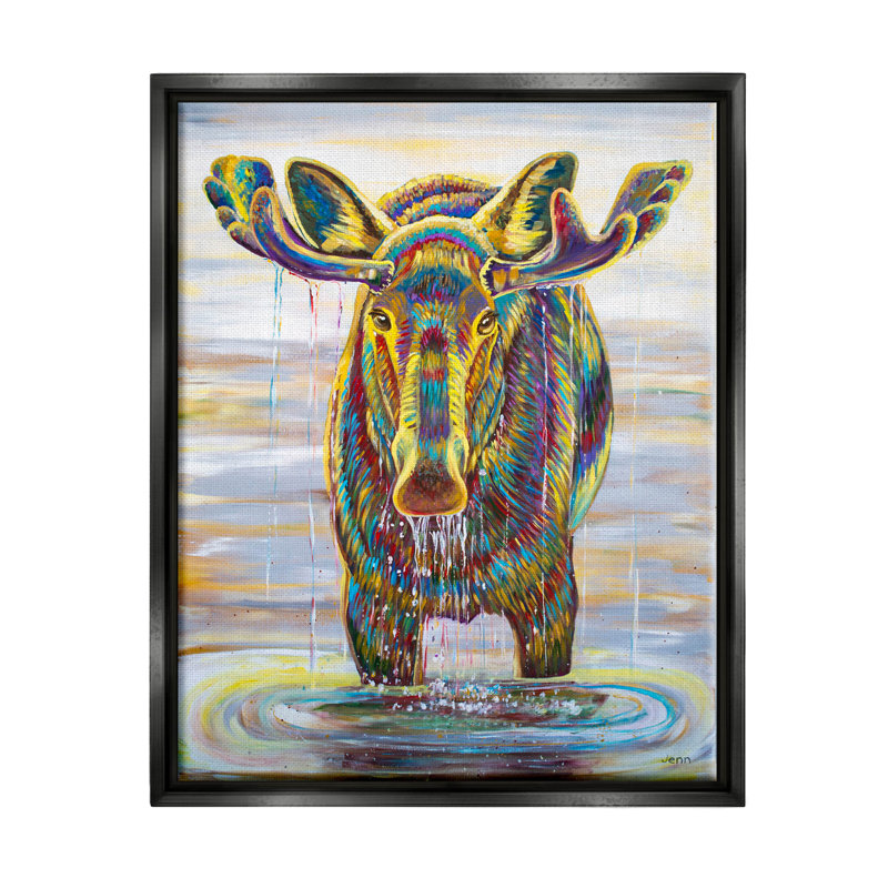 «Moose Water Drip Nature Lake», peinture sur toile à cadre flottant, Cadre flottant noir de jais
