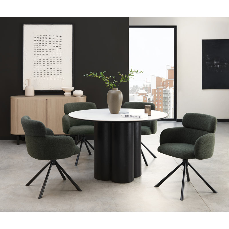 Antoin Matt White Ceramic 4 Seater Table With Oak Veneer Pedestal, Black