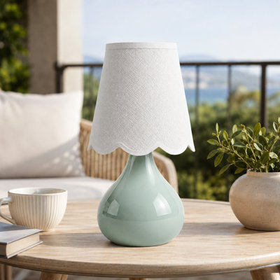 14" Cordless Sage Green Ceramic Bedside Lamp with Scalloped Linen Shade and LED Bulb